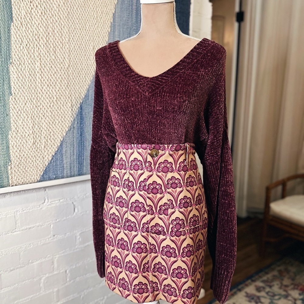 Anthropologie Maeve Purple and Tan Floral Motif Mini Skirt